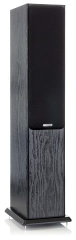 Monitor Audio Bronze 5 black oak - zij frontaanzicht met grill - Zuilspeaker