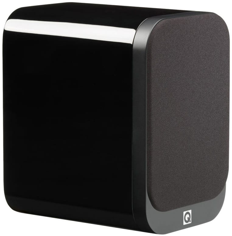 Q Acoustics 3010 zwart hoogglans - zij frontaanzicht met grill - Boekenplank speaker