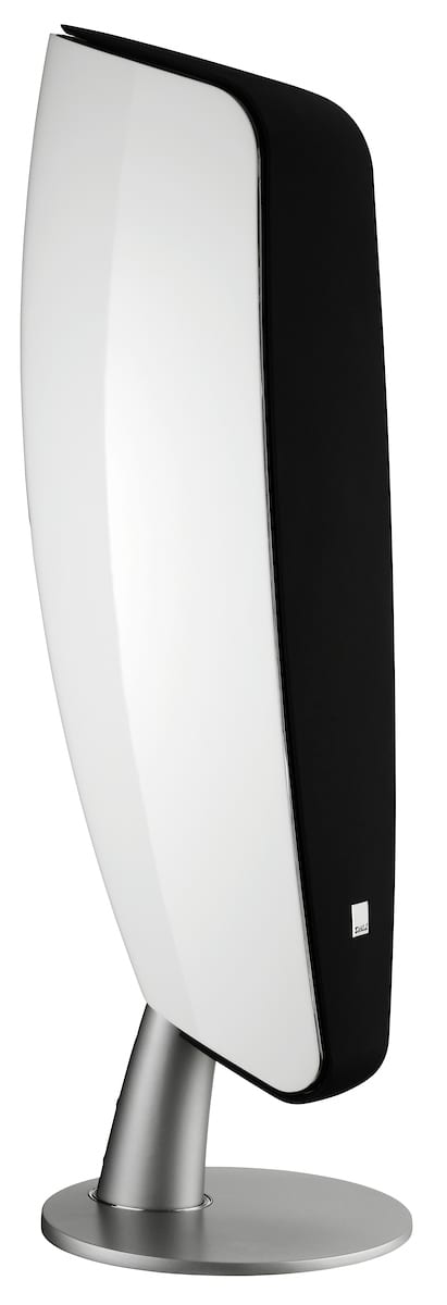Dali Fazon F5 wit hoogglans - zij frontaanzicht met grill - Zuilspeaker