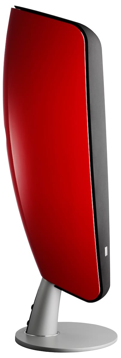Dali Fazon F5 rood hoogglans - zij frontaanzicht met grill - Zuilspeaker