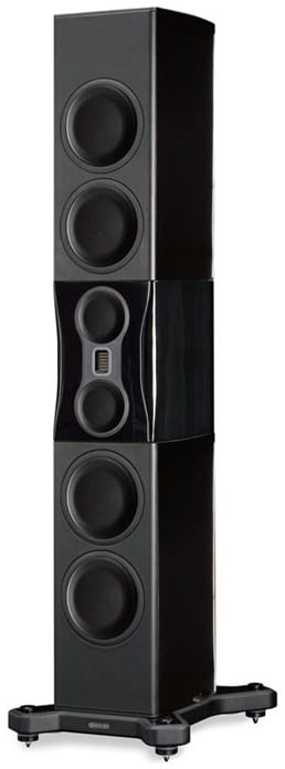 Monitor Audio Platinum PL500 II piano zwart - zij frontaanzicht met grill - Zuilspeaker