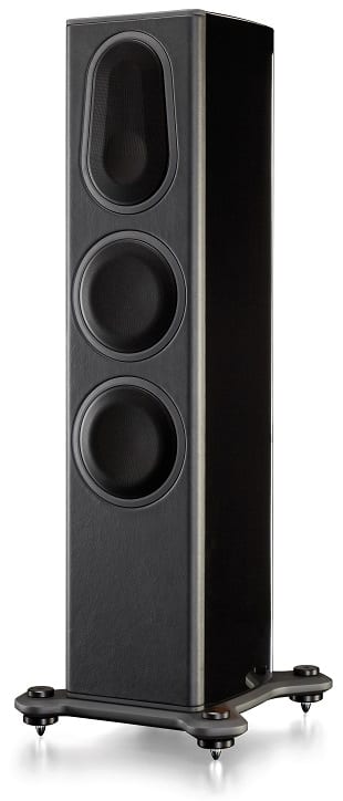 Monitor Audio Platinum PL200 II piano zwart - zij frontaanzicht met grill - Zuilspeaker