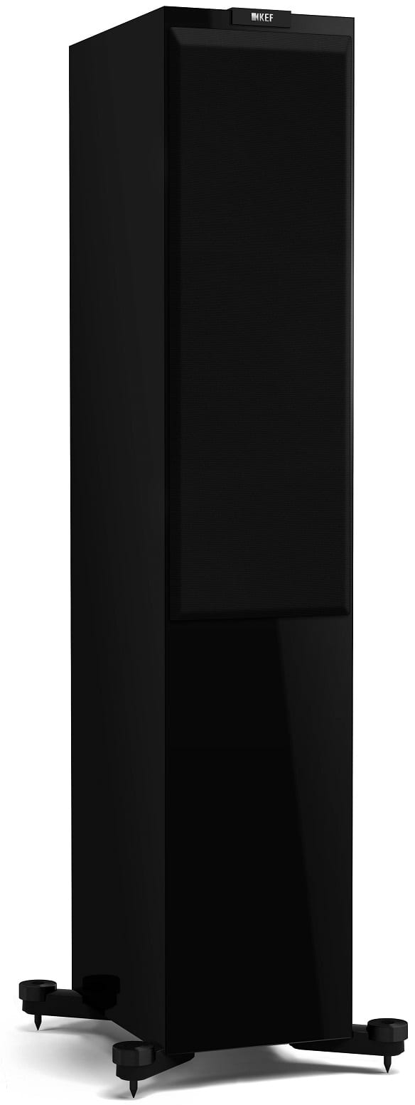 KEF R700 zwart hoogglans - zij frontaanzicht met grill - Zuilspeaker