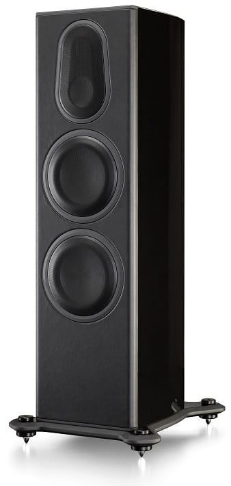 Monitor Audio Platinum PL300 II piano zwart - zij frontaanzicht met grill - Zuilspeaker