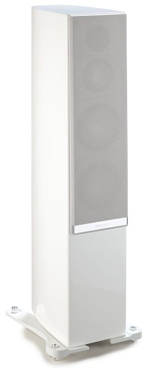 Monitor Audio Gold 300 wit hoogglans - zij frontaanzicht met grill - Zuilspeaker
