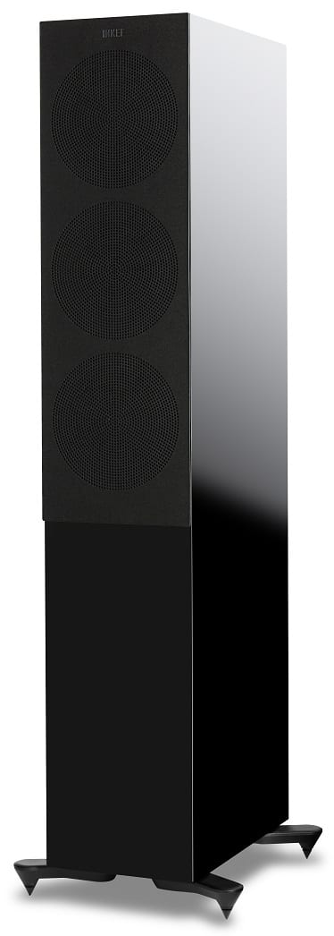 KEF R7 zwart hoogglans - zij frontaanzicht met grill - Zuilspeaker