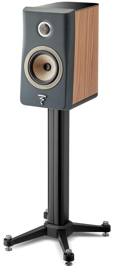 Focal Kanta 1 walnut mat / dark grey mat - zij frontaanzicht zonder grill op standaard - Boekenplank speaker