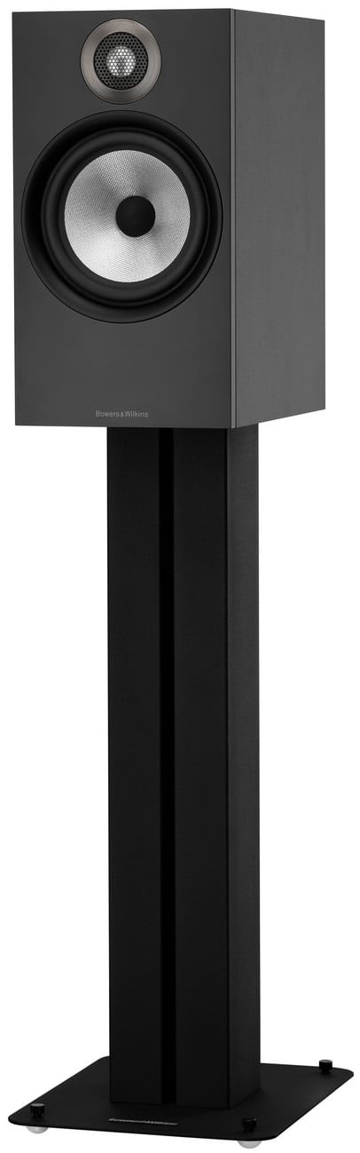 Bowers & Wilkins 606 zwart - zij frontaanzicht zonder grill op standaard - Boekenplank speaker