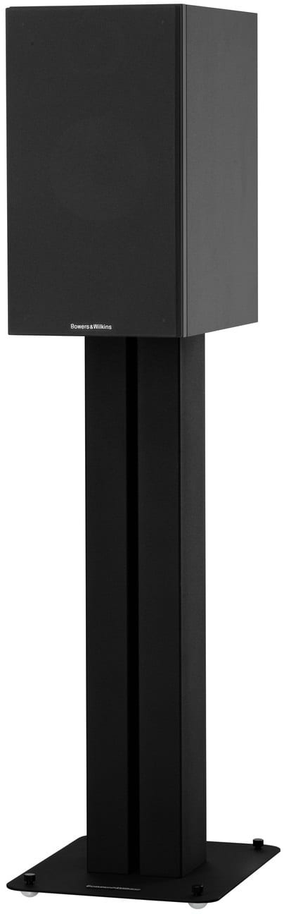 Bowers & Wilkins 606 zwart - zij frontaanzicht met grill op standaard - Boekenplank speaker