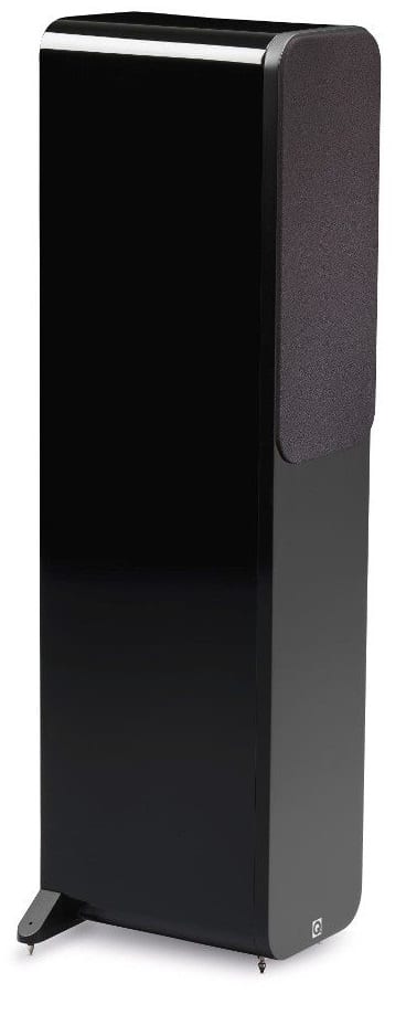 Q Acoustics 3050 zwart hoogglans - zij frontaanzicht met grill - Zuilspeaker
