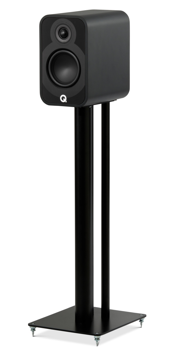 Q Acoustics 5010 zwart - zij frontaanzicht zonder grill op standaard - Boekenplank speaker