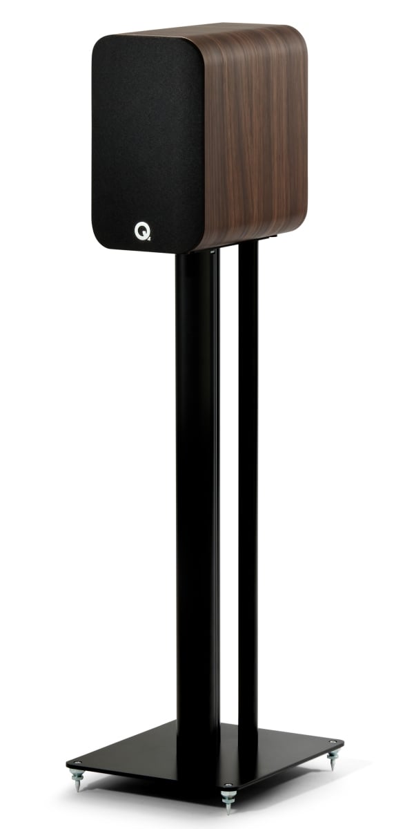 Q Acoustics 5010 rosewood - zij frontaanzicht met grill op standaard - Boekenplank speaker