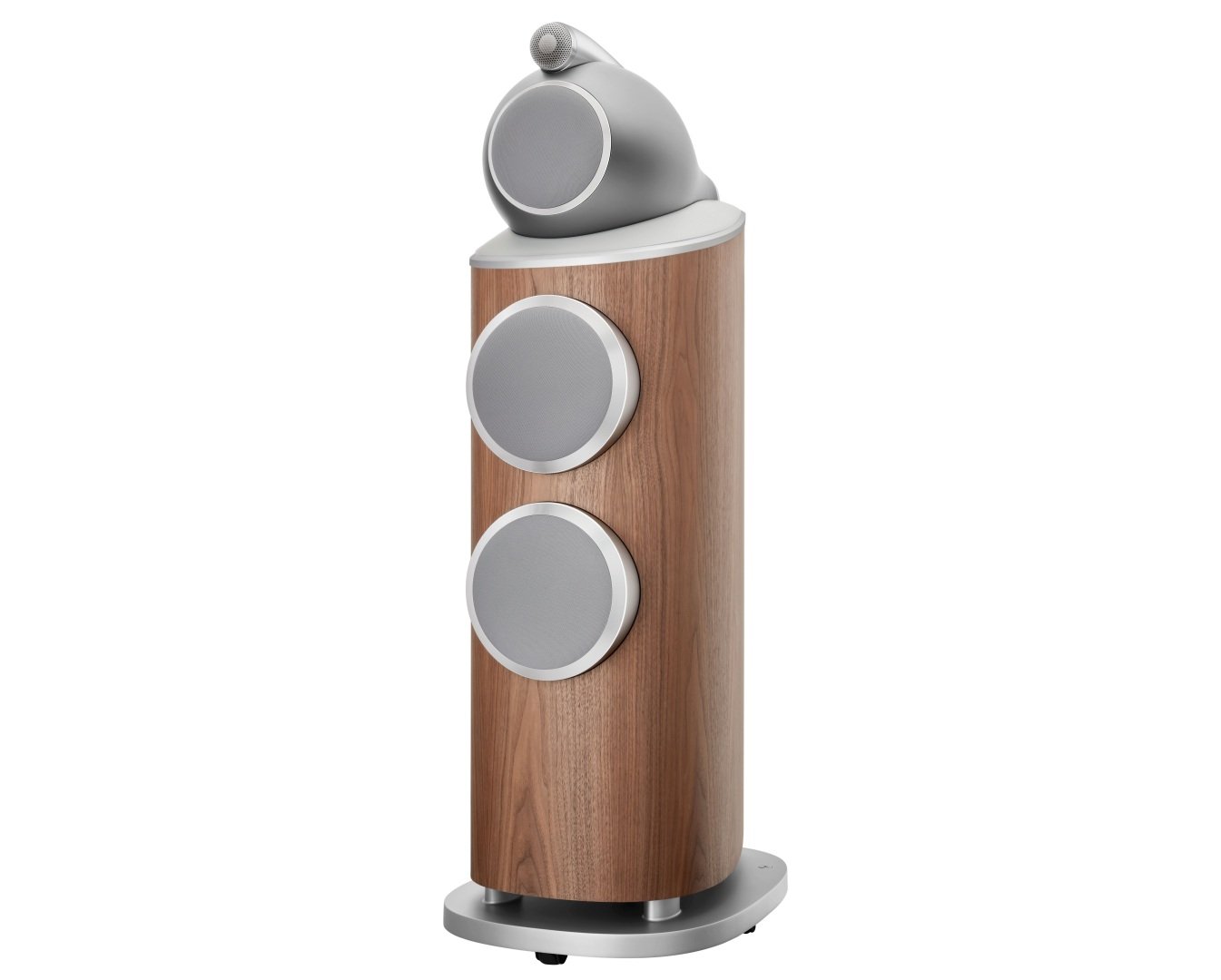 Bowers & Wilkins 802 D4 satin walnut (demo) - zij frontaanzicht met grill - Zuilspeaker